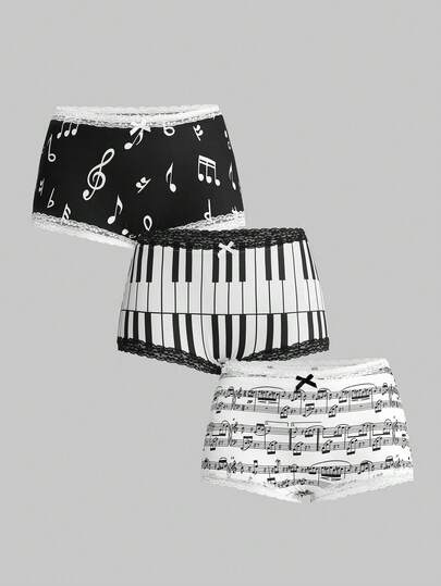 Ensemble de 3 pièces de shorts taille basse avec bordure en dentelle imprimée de notes de musique et de clavier de piano dans un style rétro Y2K