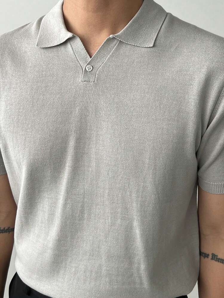 Men's Grey Polo Collar Short Sleeve Solid Color Knit Top, Commuting
