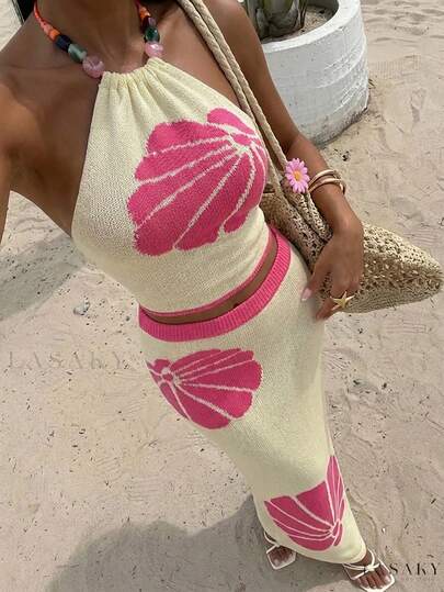 Aloruh 春夏新款女士性感露背串珠花卉针织吊带背心+超长浪漫贝壳刺绣针织撞色图案半身裙两件套，适合海滩/度假穿着