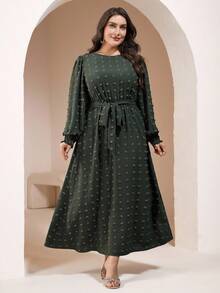 Veilorie Plus Size Elegant Solid Color Textured Commuter Dress - Army Green - View 9