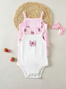 SHEIN 3件套可爱休闲粉色蝴蝶结针织连体衣，适合女宝宝 - 紫色 - 查看 4