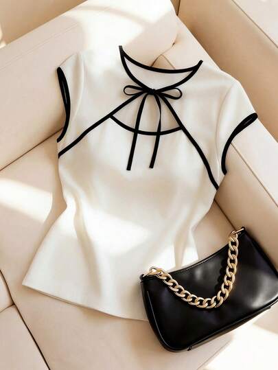 INAWLY 新款中国风撞色滚边系带短袖女式上衣，提花薄纱修身性感露脐上衣