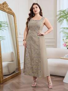 Modelyn Beige,Summer,Country,Modest,Traditional,Wedding, Al-Adha Elegant Plus Size 2-Piece Set Sequin Beaded 3D Floral Mesh Dress Chiffon Batwing Abaya Fall - Multicolor - View 5