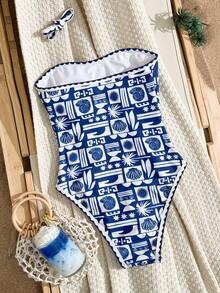 Slaydiva New Spring/Summer Blue & White Ocean Vacation Scalloped Hem High Cut Tropical Palm Tree & Seashell Print One-Piece Swimsuit For Women - Multicolor - View 3