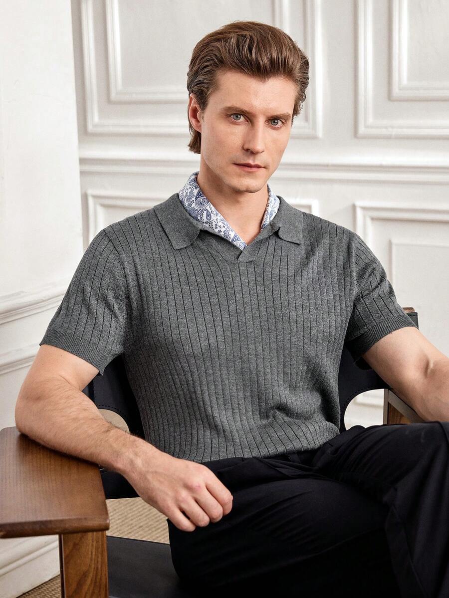 Officeau Polo de manga corta de punto acanalado de ajuste holgado y unicolor para hombre - Gris Oscuro - Ver 1