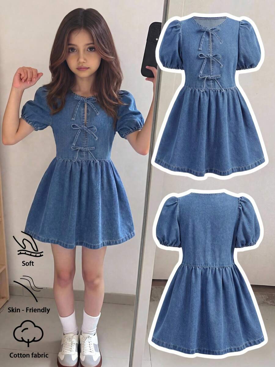 SHEIN 女童藏蓝色牛仔泡泡袖短袖宽松连衣裙 - 中等水洗藍 - 查看 1