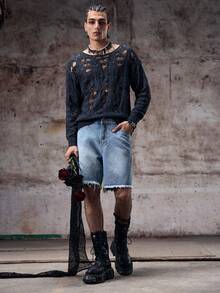 Skyrend Quần short denim thiết kế túi rách thường ngày dành cho nam, phong cách Emo - Màu xanh lam - Xem 3