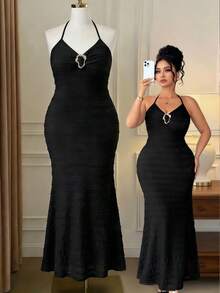 Elenzga Robe mi-longue élégante sans manches à col ras-du-cou avec ceinture à la taille, décoration métallique, tissu texturé, pour femmes grandes tailles, printemps/été - Noir - Voir 1