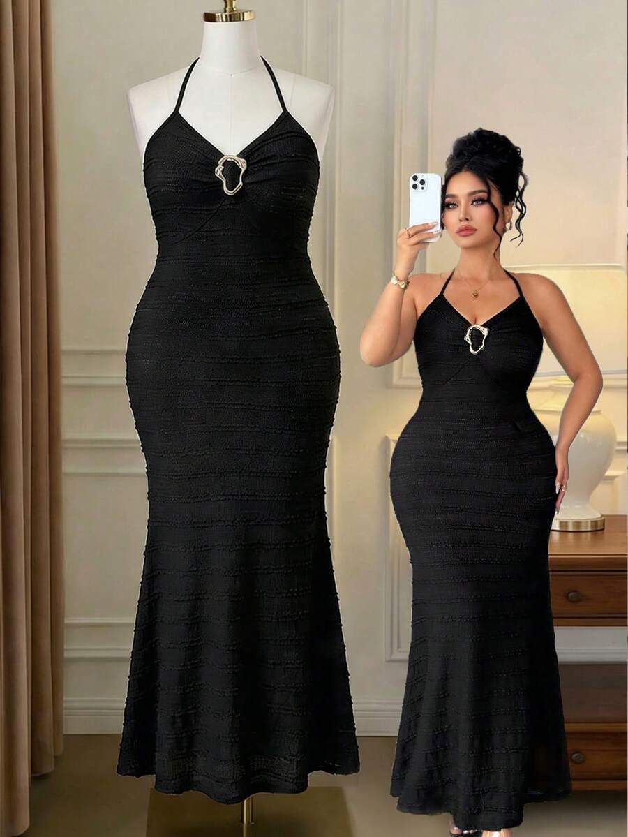 Elenzga Robe mi-longue élégante sans manches à col ras-du-cou avec ceinture à la taille, décoration métallique, tissu texturé, pour femmes grandes tailles, printemps/été - Noir - Voir 1