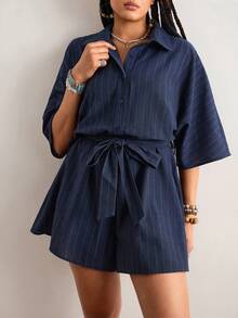 Freevana 大码女式条纹蝙蝠袖纽扣设计休闲连体裤 - 藏蓝色 - 查看 6