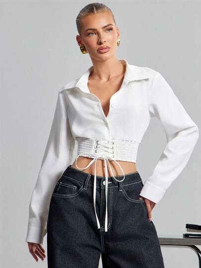 Hauture Women's Solid Color Lace Up Elegant Office Long Sleeve Blouse