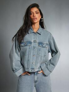 Denimoi Chaqueta vaquera con botones delanteros y cuello, de talla grande y puños, para otoño e invierno, estilo denim sobre denim - Lavado ligero - Ver 4