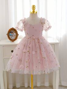 SHEIN Glamorique Kids 年轻女孩优雅迷人粉色可爱泡泡袖收腰奢华双层刺绣网纱蓬蓬裙 - 粉色 - 查看 4