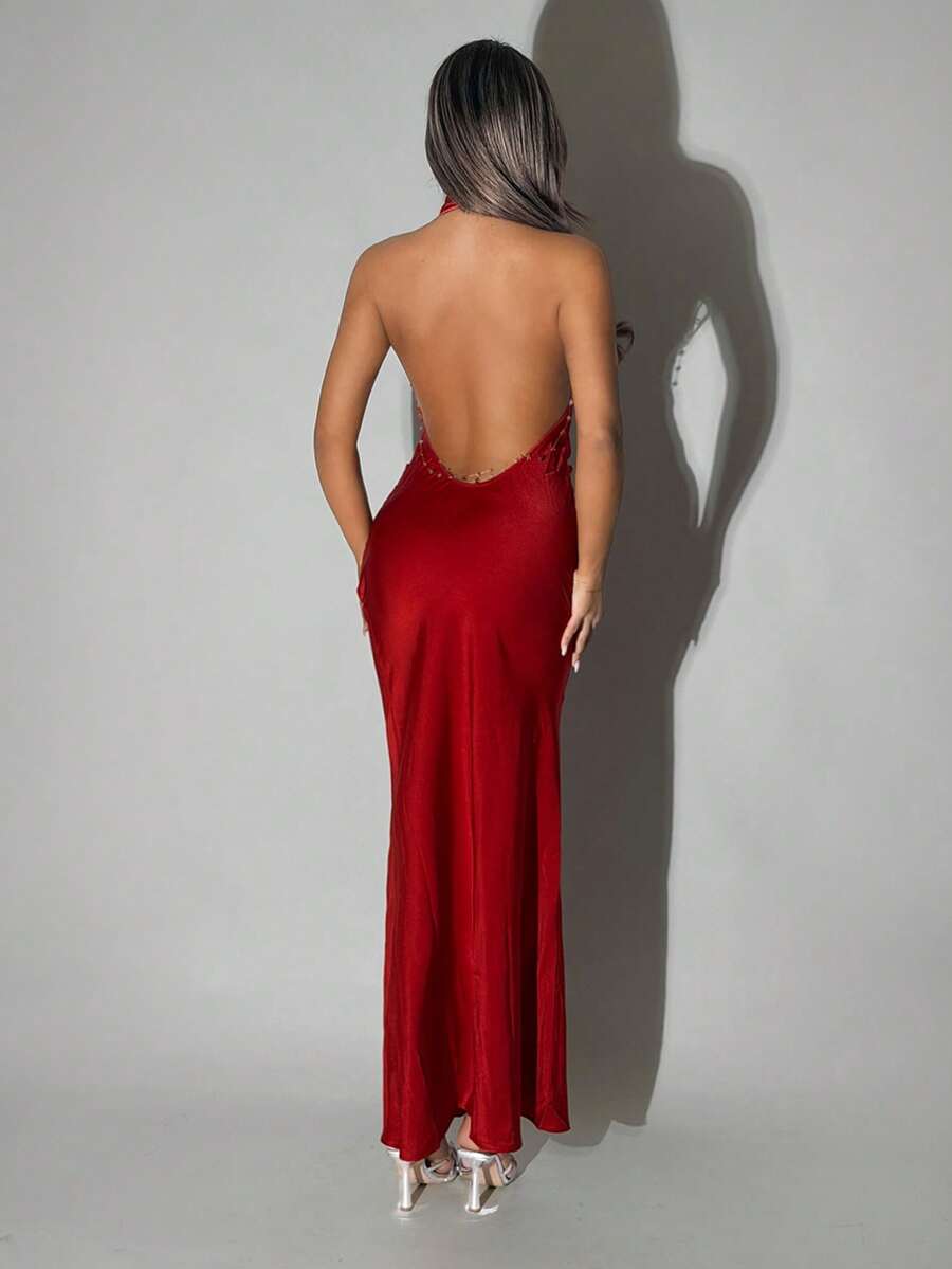 SHEIN ICON 性感深V领镶钻链条装饰露背连衣裙 - Fiery Red - 查看 1