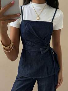 DAZY 2pcs Women's Casual Pleated Tie-Up Camisole & Pants Set Summer - Blue - View 4