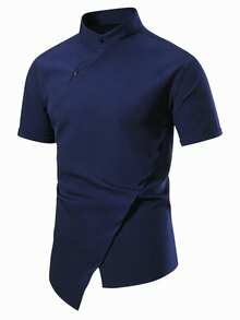 Manfinity Homme Men's Solid Color Casual Versatile Daily Wear Short Sleeve Shirt - Navy Blue - View 4