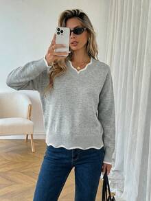 SHEIN LUNE Contrast Trim Drop Shoulder Sweater,Long Sleeve Tops In Fall/Winter - Grey - View 1