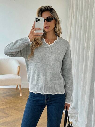 EMERY ROSE 撞色滚边落肩毛衣，秋冬季长袖上衣