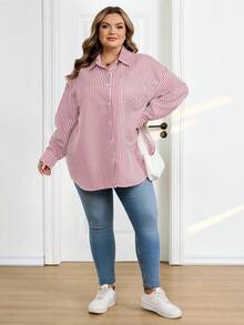 SHEIN CURVE+ 大码女式格子印花落肩口袋贴花衬衫 - 玫紅色 - 查看 9