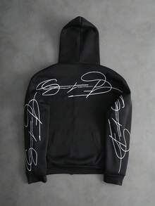 PAVTROS Manfinity Streetrush 男士创意文字图案刺绣保暖内衬金属拉链连帽衫，拉链连帽衫，街头服饰，黑色，2000 年代风格，秋冬款，长袖上衣 - 黑色 - 查看 3