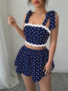 Selianne Summer Cute Vacation Holiday Navy Blue Polka Dot 2 Piece Set For Women,French Elegant Bow Tie Crop Top & Elastic Waist Loose Skort Outfits,Petite Set - Navy Blue - View 4