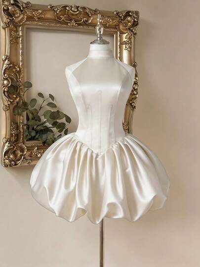 Lovelzi 优雅甜美露肩吊带迷你连衣裙，腰部有鱼骨支撑，后背系带可调节，适合鸡尾酒会、网红造型和正式礼服等各种场合。