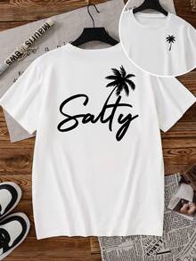 Blusa de manga corta oversize para niñas, con estampado gráfico de letras y palmeras, camiseta blanca de cuello redondo casual, cómoda y versátil para todas las estaciones - Blanco - Ver 2