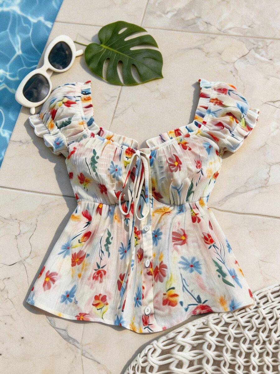 Sweetra Plus Size Women Casual/Commute/Vacation Ditsy Floral Short Sleeve Blouse - Multicolor - View 1