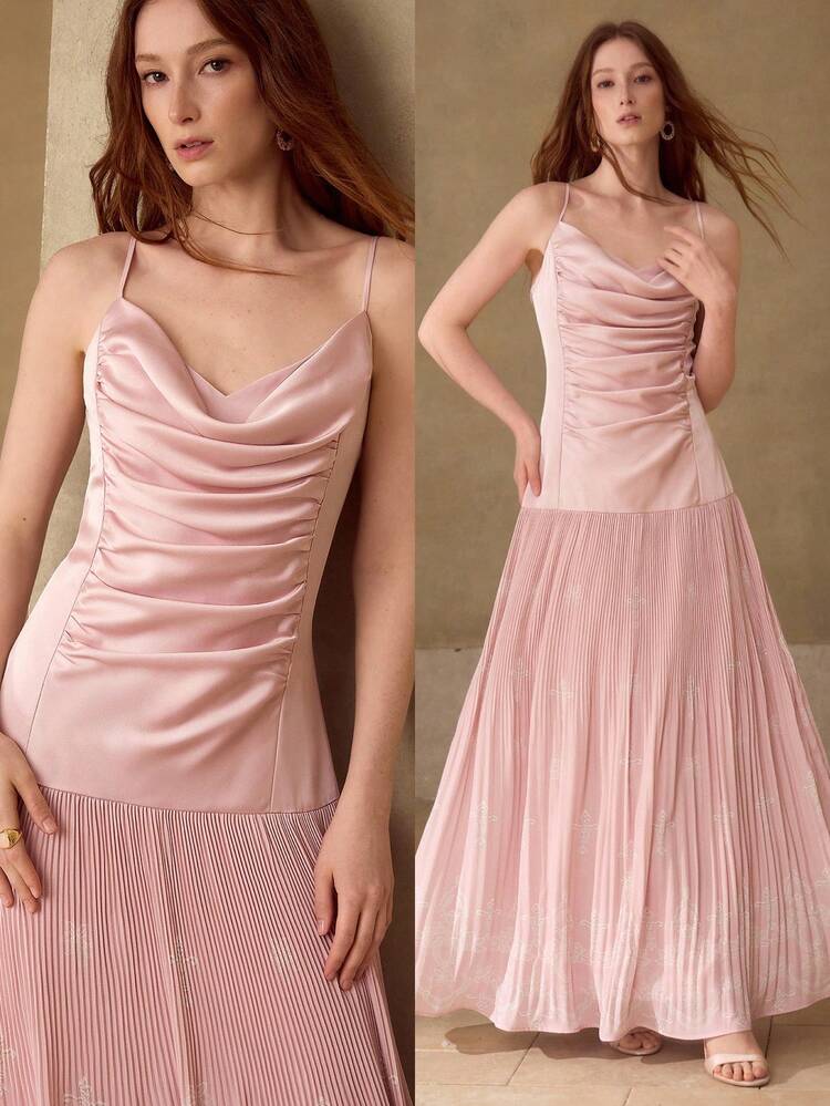 WOMEN'S SOLID ELEGANT LONG DRESS WITH COWL NECK, SPRING/SUMMER