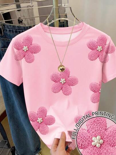 Resyla Women's Allover Floral Print Casual T-Shirt, Cute Flower Pattern Y2K Street Style, Back To School Tee, Vacation Leisure Floral