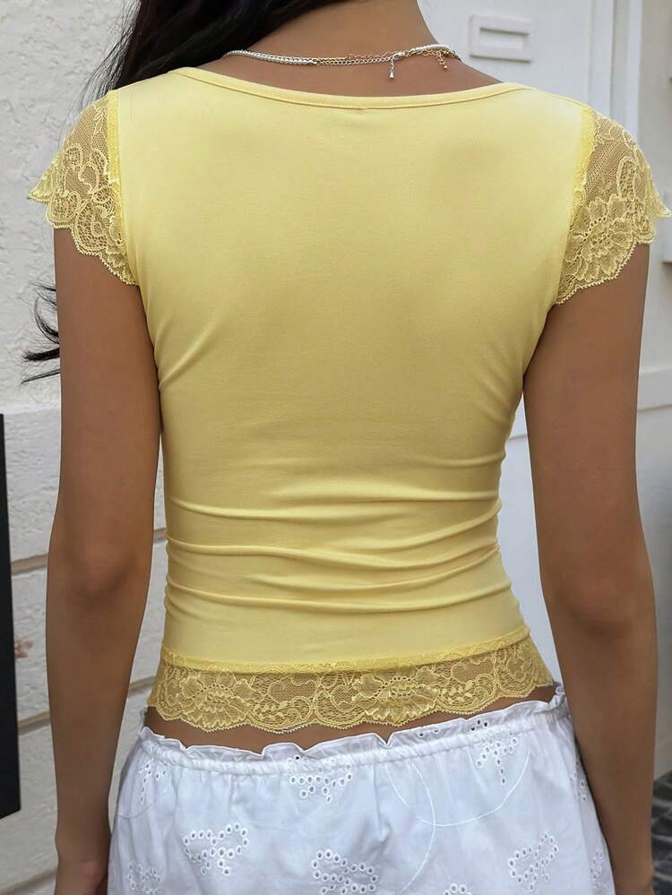 Women's Yellow Lace Patchwork V-Neck Sleeveless Tank Top, Summer Holiday Outfit