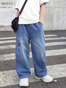 Pantalones vaqueros rectos de mezclilla azul lavada para niños pequeños - Azul - Ver 2