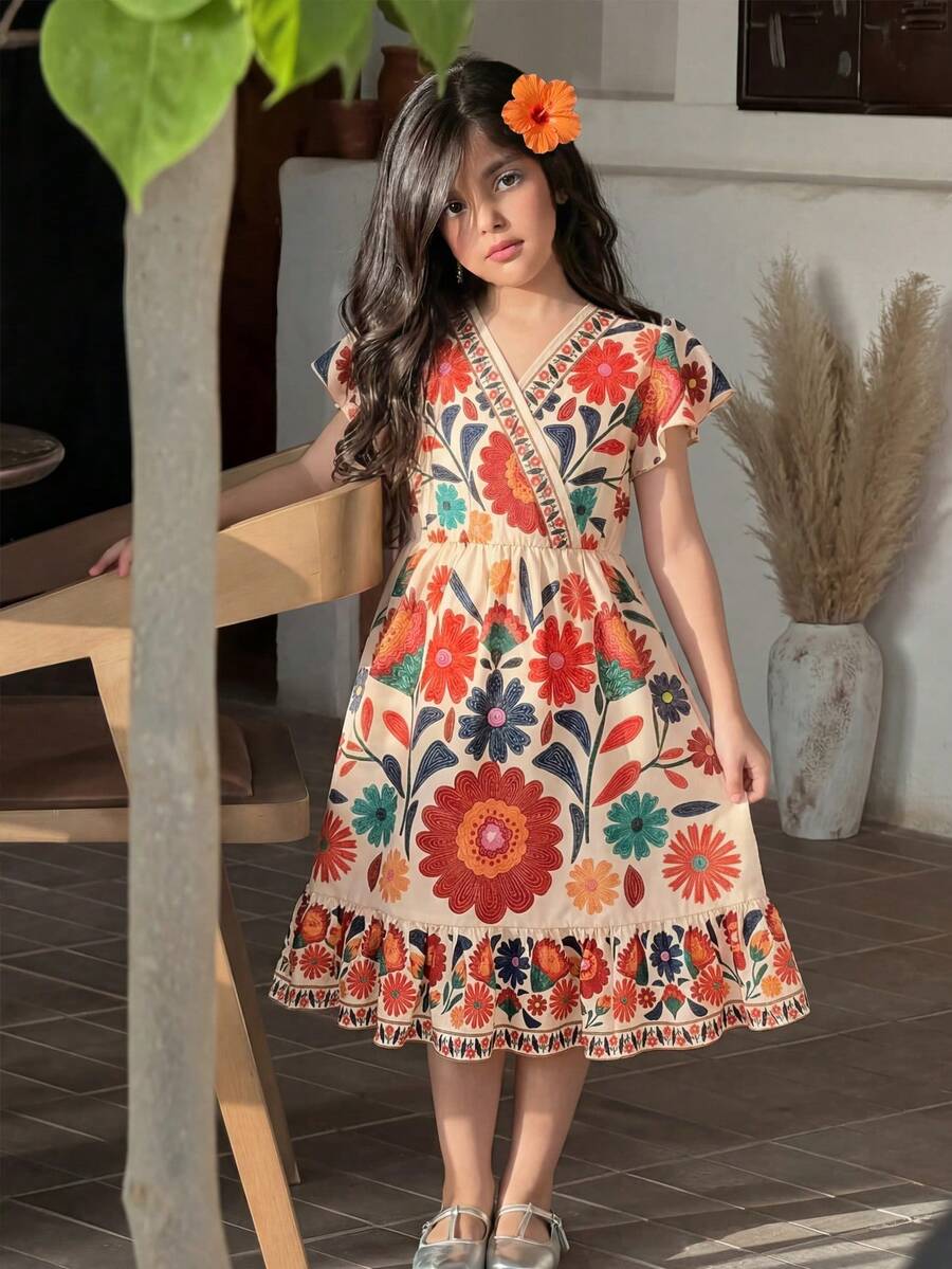 SHEIN Tween Girl Beige Summer Boho Holiday Tea Party Floral Print Flutter Sleeve V-Neck Maxi Dress,Kids Elegant Vintage Flower Sunday Beach Vacation Dress - Multicolor - View 1