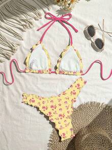 Swim Mod Conjunto de bikini de unicolor con volantes y alta elasticidad para vacaciones - Multicolor - Ver 2