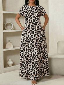 SHEIN Lady 女士豹纹圆领短袖休闲连衣裙 - 彩色 - 查看 3