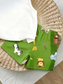 SHEIN Playful Pals Bộ quần áo 2 món cho bé trai, áo ba lỗ in họa tiết động vật rừng màu xanh lá cây kết hợp với quần short cùng họa tiết, thích hợp cho các chuyến đi chơi mùa hè. - Nhiều màu - Xem 5