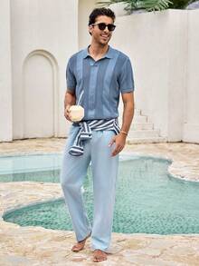 Mercer Haus Pantalones casuales sueltos de lino blanco tejido para hombres, adecuados para primavera, otoño y verano - Celeste - Ver 4