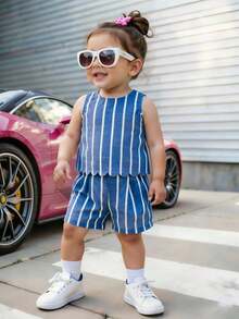 2pcs/Set Baby Girls' Casual Solid Color Round Neck Top With Bow Decor At Back And Striped Shorts Set, Blue - Light Wash - View 3