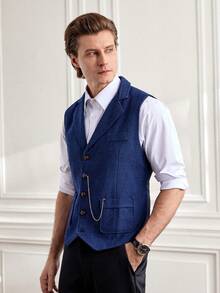 Officeau Nuovo gilet da uomo in tweed spina di pesce, con bavero vintage, catena a cavallo e scollo a V, adatto per l'autunno e l'inverno - Blu Navy - Visualizzare 5
