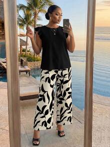 SHEIN Lady CURVE Bộ 2 món áo trơn màu thường ngày cỡ lớn và quần in hoa - Nhiều màu - Xem 6