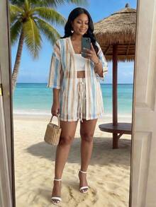 SHEIN Lady CURVE Bộ đồ len 2 món cho nữ cỡ lớn màu xanh và trắng sọc, trang phục dự tiệc hồ bơi ngày lễ mùa hè Coconut Girl mùa hè Boho Chic phong cách Boho trang phục nữ trang phục ăn trưa cho nữ trang phục sân bay cho nữ trang phục nghỉ mát trên bãi biển trang phục nghỉ mát thành phố trang phục ngày lễ trang phục phương Tây cho phụ nữ trang phục phương Tây cho phụ nữ cộng với trang phục nghỉ mát trên đảo mùa hè châu Âu trang phục tuần trăng mật trang phục phụ nữ Old Money South Beach trang phục bờ biển Amalfi bộ ren áo ren - Xanh và trắng - Xem 4
