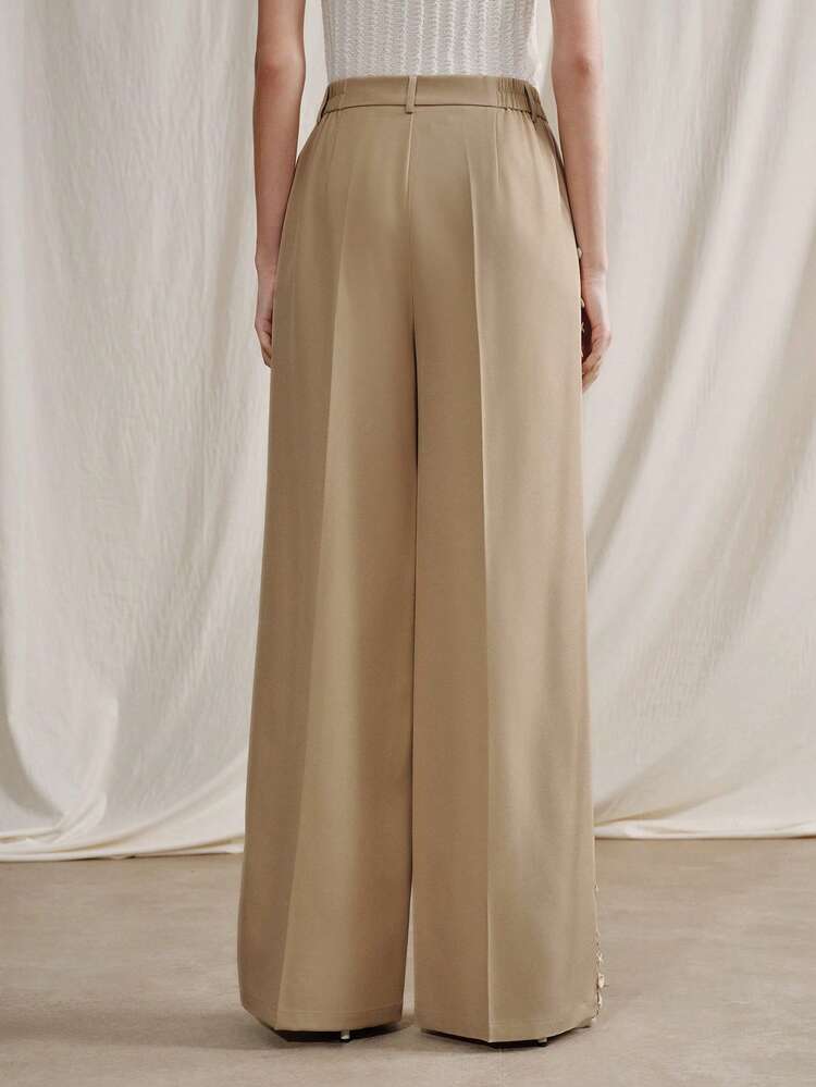 Women's Khaki Side Seam Shell Tape Loose Wide Leg Casual Pants, New Summer Beach Vacation