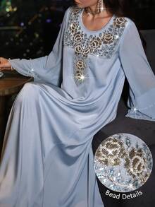 Al Najma Đầm voan tay xòe cổ tròn, thanh lịch, sang trọng, đính cườm và đá quý, chất liệu chiffon, thích hợp cho mùa xuân/hè. - Màu xanh nhạt - Xem 2