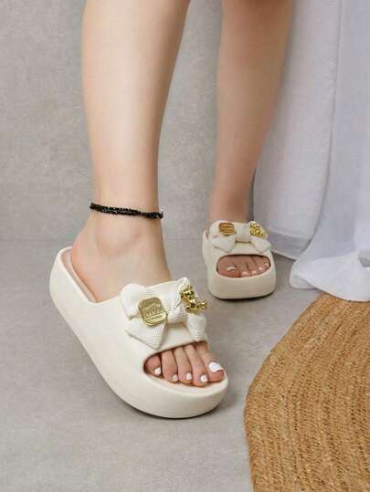 Sandalias para Mujer Chunky con detalles dorados, Sandalias de Plataforma ideales para el hogar y descanso, Slides para Dama Moda