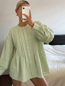 Blusa amarilla holgada con cuello redondo y plisados para mujer - Verde - Ver 3