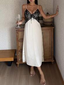 DAZY Lace Patchwork Sleeveless Maxi Slip Dress, Women Summer Nightgown - White - View 8