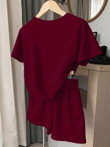 Set de 2 piezas de camiseta de manga corta con cuello redondo y estampado floral y shorts para adolescentes, moda versátil básica y cómoda para uso diario, adecuado para primavera, verano, otoño e invierno - Multicolor - Ver 2