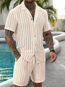 Manfinity RSRT Bộ áo sơ mi và quần short nam màu be kẻ sọc jacquard khoét lỗ - Màu Khaki - Xem 6