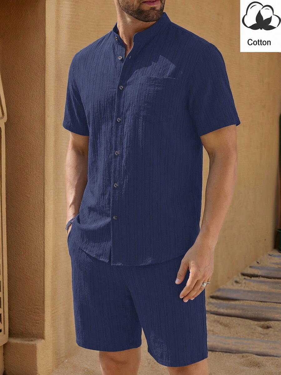 HIMLAND Manfini Mondo Mio 男士 2 件套立領修身短袖休閒襯衫套裝,適合日常穿著,沙灘襯衫,沙灘男裝,男士正裝襯衫,男士短褲套裝,2 件套沙灘套裝 - 藏蓝色 - 查看 1