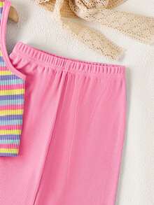 Genkimix Kids Bộ 2 món cho bé gái (size nhỏ) gồm áo/áo ba lỗ dệt kim cầu vồng và quần ống rộng, trang phục mùa hè thoải mái cho trẻ em mặc hàng ngày. - Hồng - Xem 8
